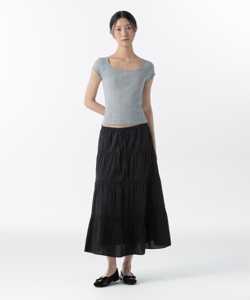 Womens Cotton Tiered Long Skirt [Black]