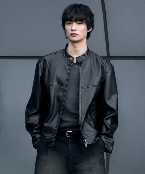 Faded Synthetic Leather Racer Jacket [Black]