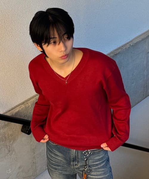 Pure Cotton V-Neck Knit [Red]