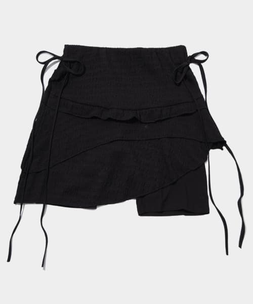 Frill Unbalanced Skirt Waistband Leggings Bike Pants [Black]