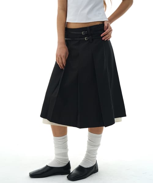 Two-Belt Low-Rise Detachable Pleated Double Layered Midi Skirt_2COLOR