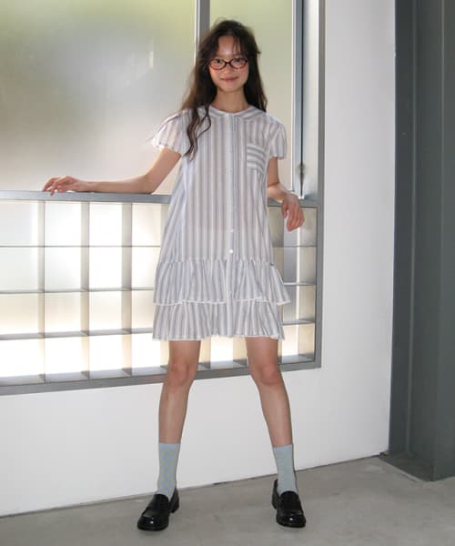 ROUND COLLAR FRILL KANGKANG SHIRT DRESS BLUE STRIPE