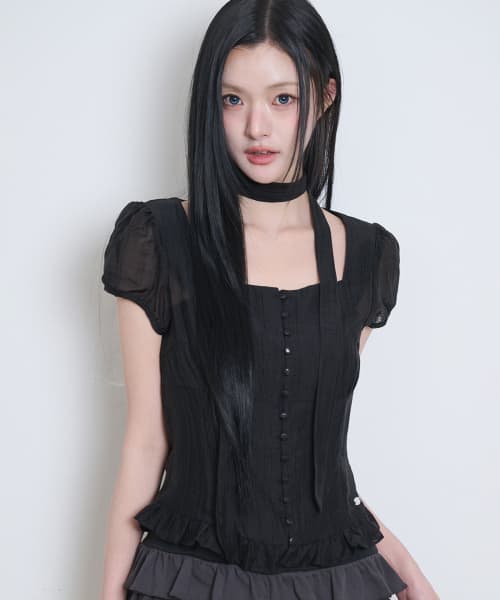 Ribbon Tie Square Neck Blouse Black