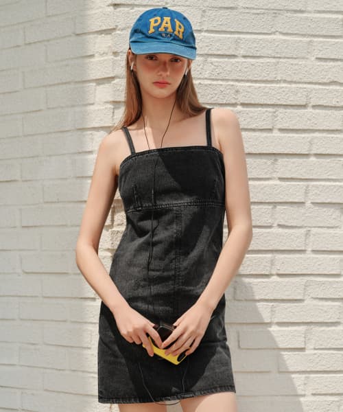 Womens Denim Strap Mini Dress [Washed Black]