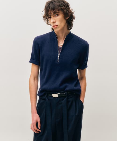 Ribbed Zip-Up Half Knit (Navy)