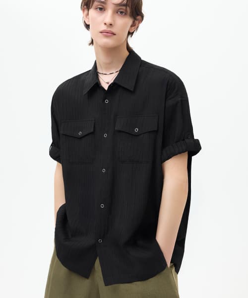 LINKLE SHEER OVERFIT ROLL UP HALF SHIRT [BLACK]
