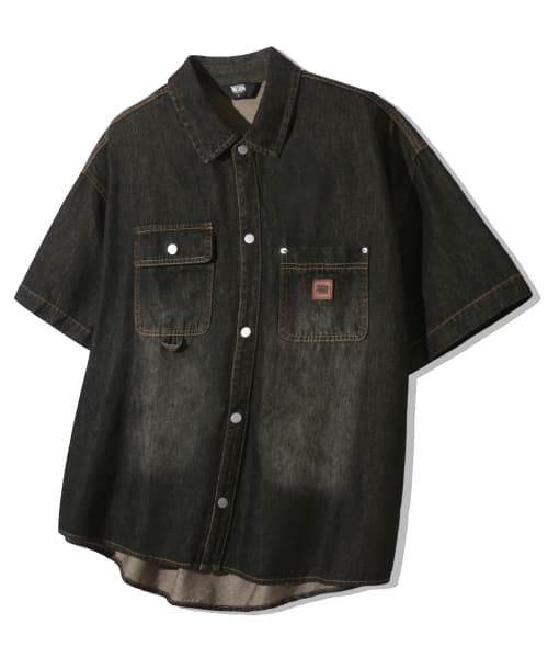 Leather Patch Oversized Work Denim Short Sleeve Shirt [Yellow Black]