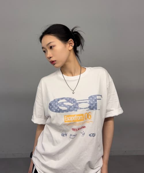 Blue Star Denim ESCF Logo Collage Print Oversized T-Shirt White