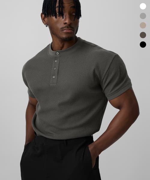Ribbed Muscle Fit Henley Neck Half Sleeve _5color