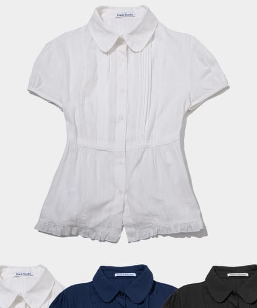 Puff Sleeve Cropped String Pintuck Frill Short Sleeve Blouse Shirt _ 3 COLORS