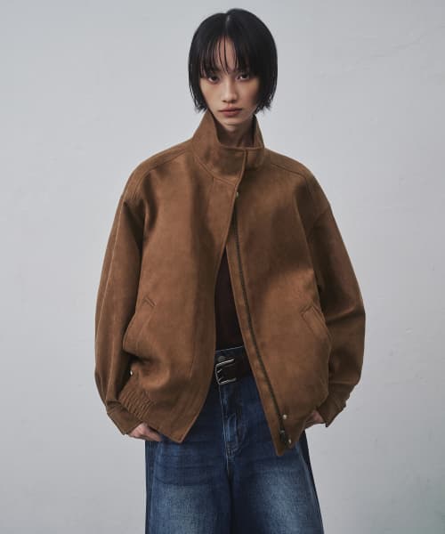 Womens Synthetic Suede High Neck Blouson Jacket [Light Brown]