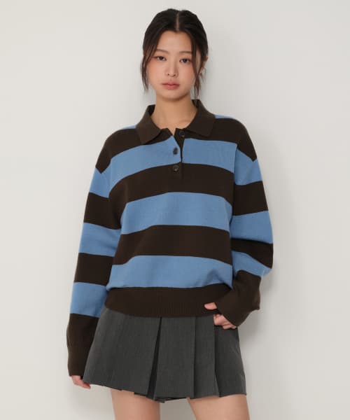 Womens Bold Stripe Collared Knit [Blue]