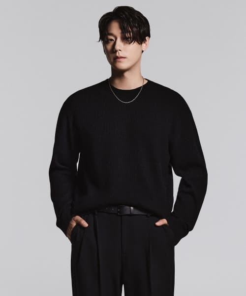 [Victoria Wool] Minimal Ribbed Crew Neck Knit [Black]