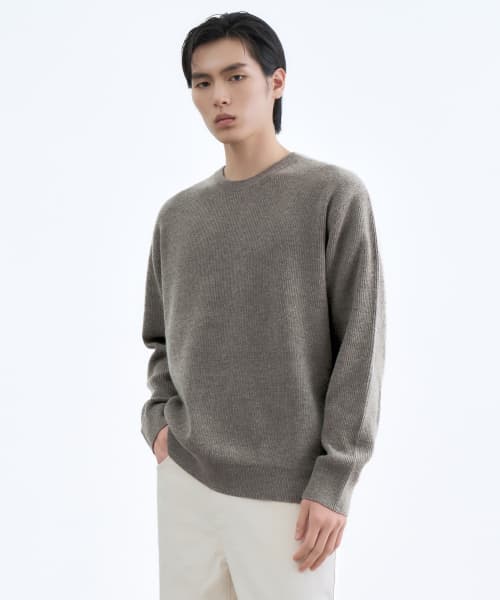 [Victoria Wool] Minimal Ribbed Crew Neck Knit [Taupe]
