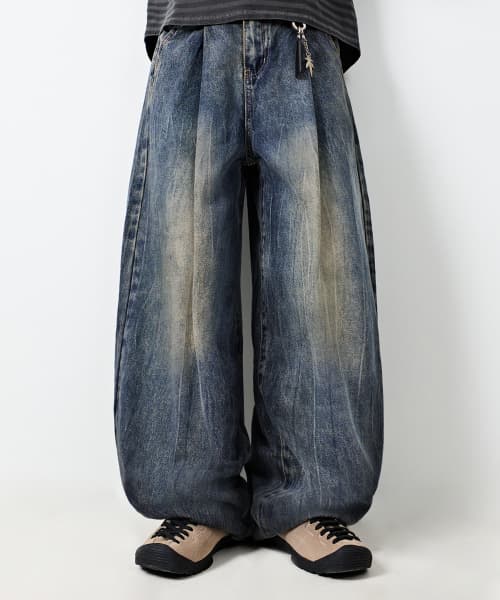 ONE TUCK CURVED CREASE WASHING WIDE DENIM PANTS_DUST INDIGO