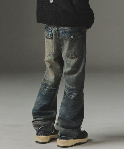 Symbol Stitch Low Rise Flare Fit Denim Pants - Deep Blue
