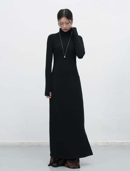 Fitted Ribbed Shirring Dress [BLACK] / WBE3L15506