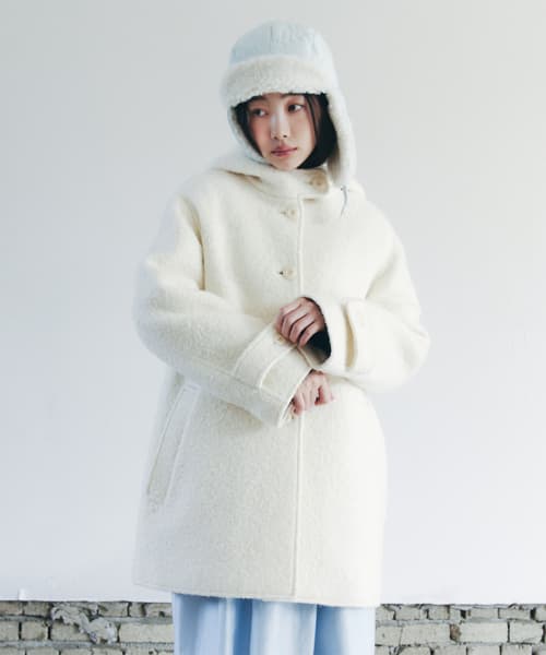 BOUCLE HOODED HALF COAT_IVORY