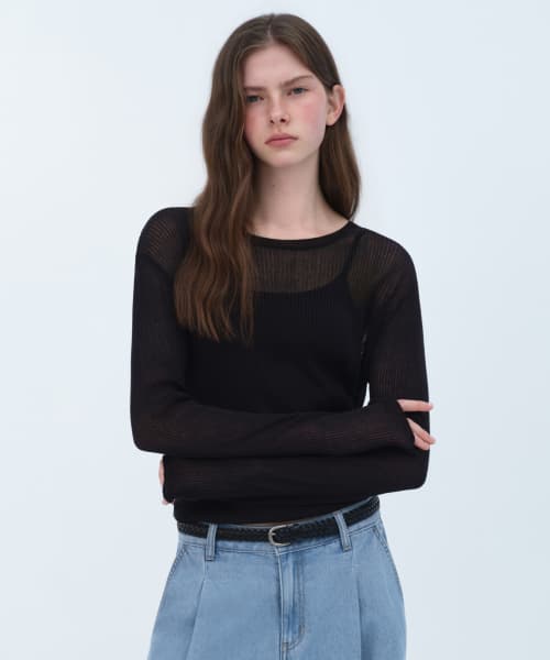 Women's Linen Blend Ribbed Sheer Knit [Black]