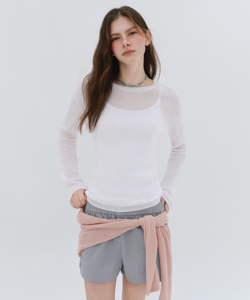 Women's Linen Blend Ribbed Sheer Knit [White]