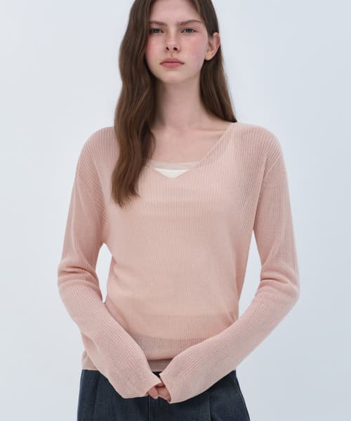 Women's Linen Blend Ribbed V-Neck Sheer Knit [Indian Pink]