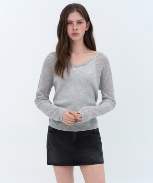 Womens Linen Blend Ribbed V-Neck Sheer Knit [Melange Light Gray]