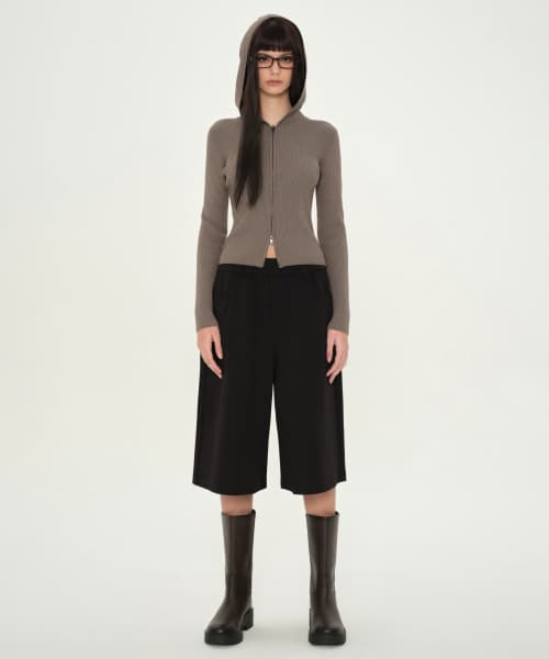 Women's Ribbed Slim Hooded Knit Zip-Up [Taupe]