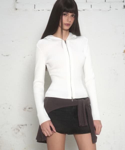 Women's Ribbed Slim Hooded Knit Zip-Up [Ivory]