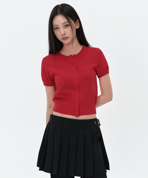 Women's Essential Round Neck Short Sleeve Cardigan [Red]
