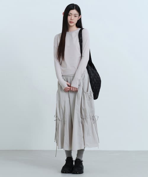 Womens Nylon Ruched Long Skirt [Ash Gray]