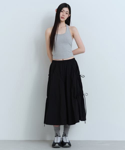 Womens Nylon Ruched Long Skirt [Black]