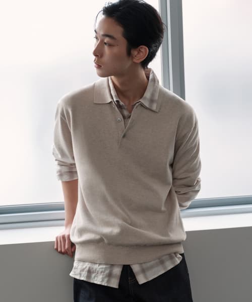 Washable Supima Cotton Long Sleeve Knitted Polo Shirt [Oatmeal]