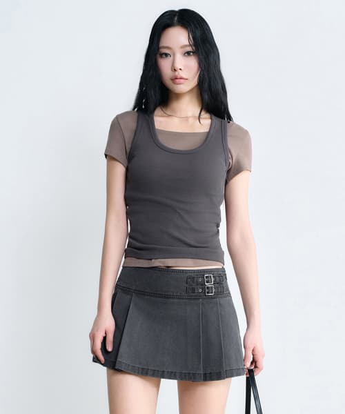 [Unbound Girl] Women's Pigment Pleated Mini Skirt [Charcoal Gray]