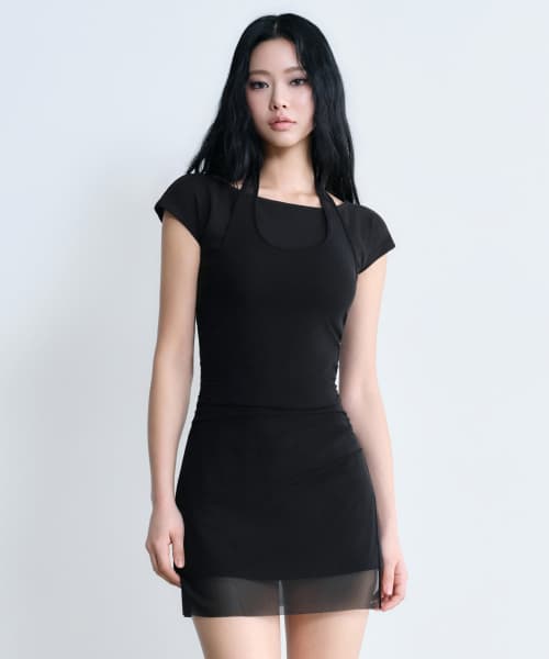 Womens Mesh Layered Jersey Dress [Black]