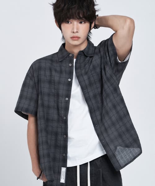 Check oversized short-sleeve shirt [charcoal]