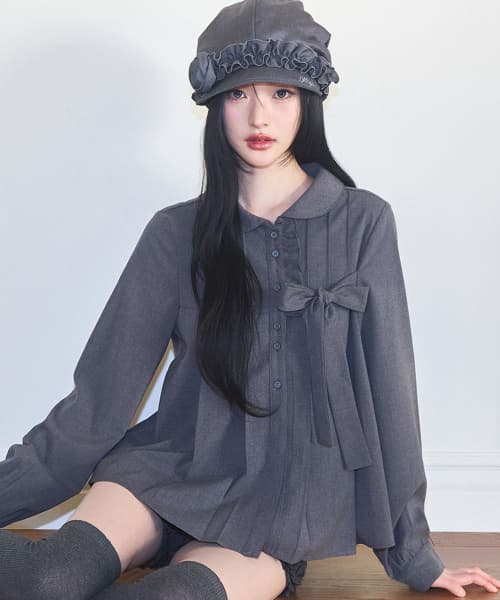 Ribbon Pleated Blouse Gray