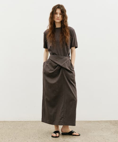 Drape Short Sleeve Long Dress_CHARCOAL