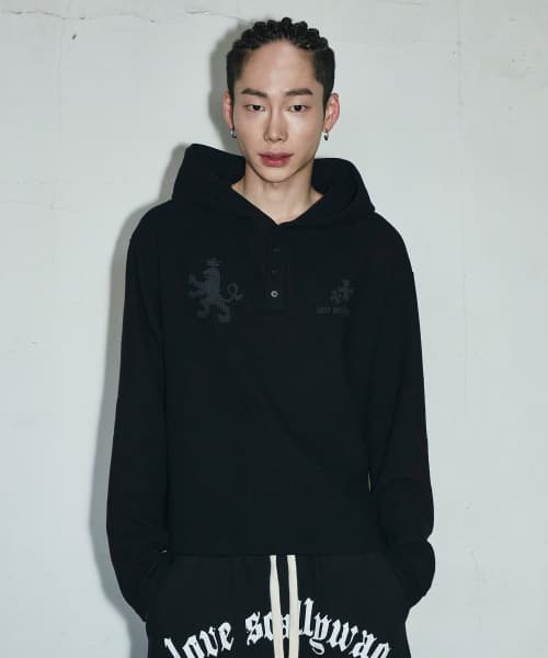 Waffle Henley Neck Hoodie [Black]