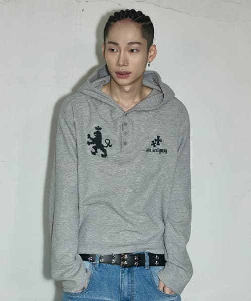 Waffle Henley Neck Hoodie [Gray]