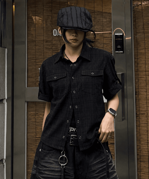 Texture Crop Roll-Up Check Short Sleeve Shirt - Black