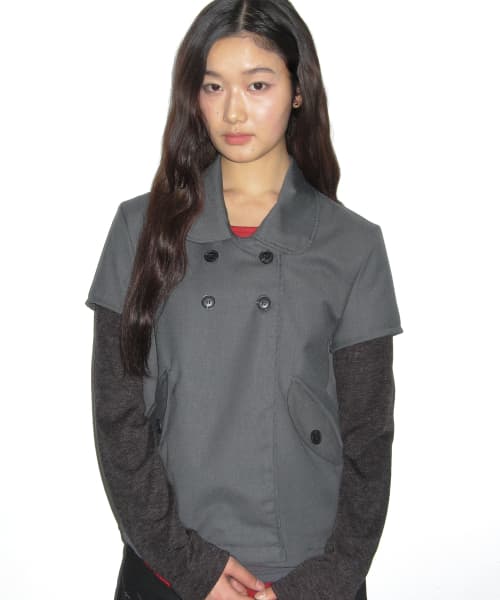 Round Collar Double Button Knit Layered Classic Short Coat Jacket_2COLOR
