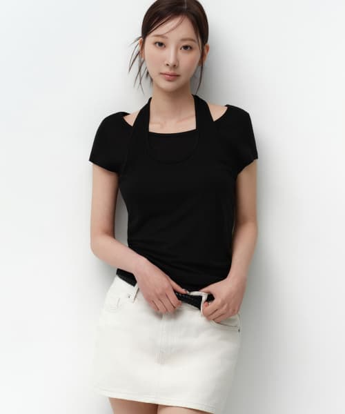 Womens Wool Tencel Halter Layered T-Shirt [Black]
