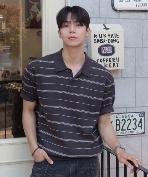 [ON] Washable Multi Stripe Collar Short Sleeve Knit - 4 colors