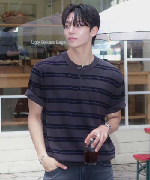 [ON] Washable Stripe Henley Neck Short Sleeve Knit - 2 colors