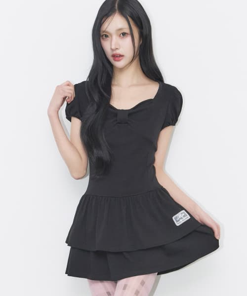 BOW FLARE MINI DRESS BLACK
