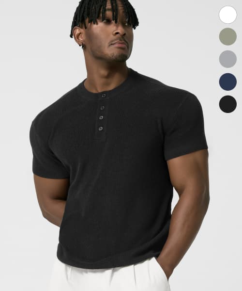 Washable Linen Muscle Fit Henley Neck Half Knit _5color