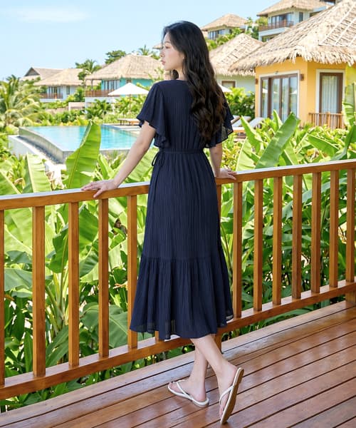 Pleated Frill Wrap Strap Midi Dress HJ200