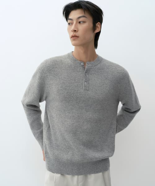 VICTORIA WOOL Minimal Ribbed Henley Neck Knit [Melange Light Gray]