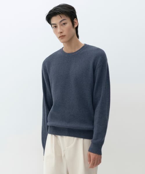 VICTORIA WOOL Minimal Ribbed Crew Neck Knit [Blue Gray]