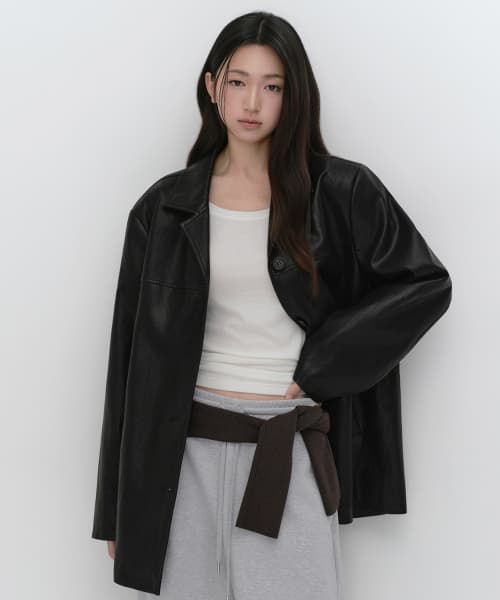 Womens Synthetic Leather Car Coat [Black]